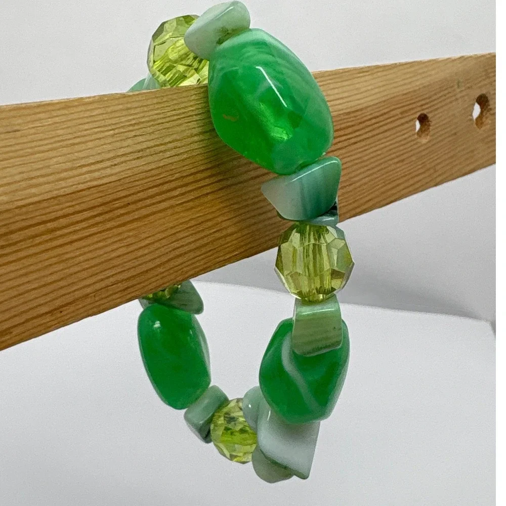 Fun Retro Boho Green Beaded Stretch Bracelet Fashion Jewelry Statement Accessory